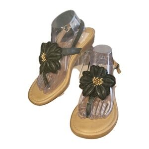 Rialto "Bella" Comfort Sandals - Black Floral Metallic - Size 9.5